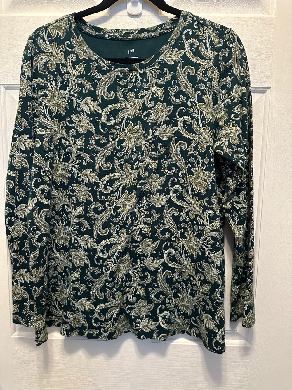 J. Jill Green Paisley Long Sleeve Pima Crew Neck Tee Size Large